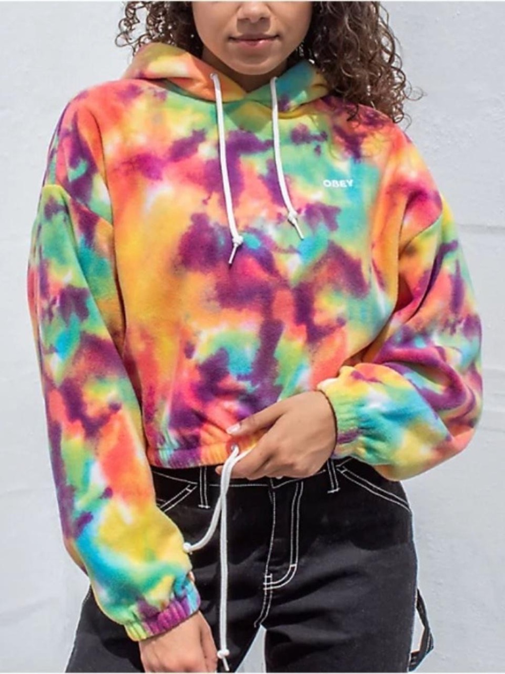 OBEY Russett Tie Dye Fleece Crop Hoodie S Multicolor Streetwear